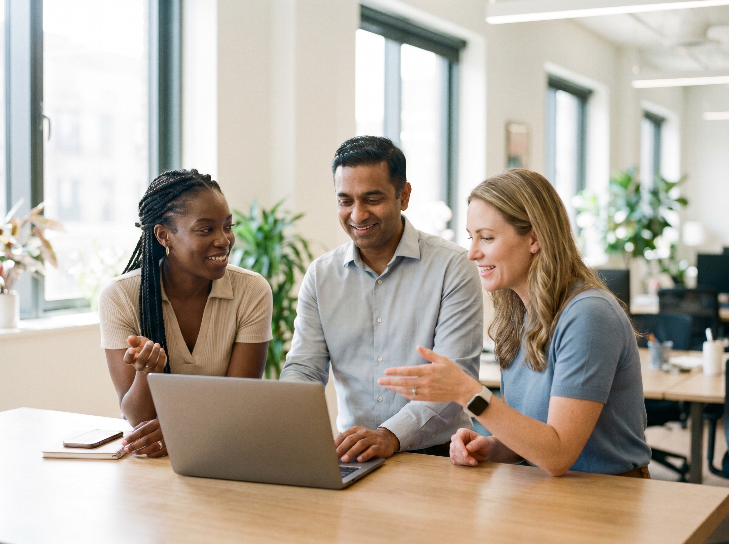 A hiring team collaborating around a laptop, reviewing strong candidates together.