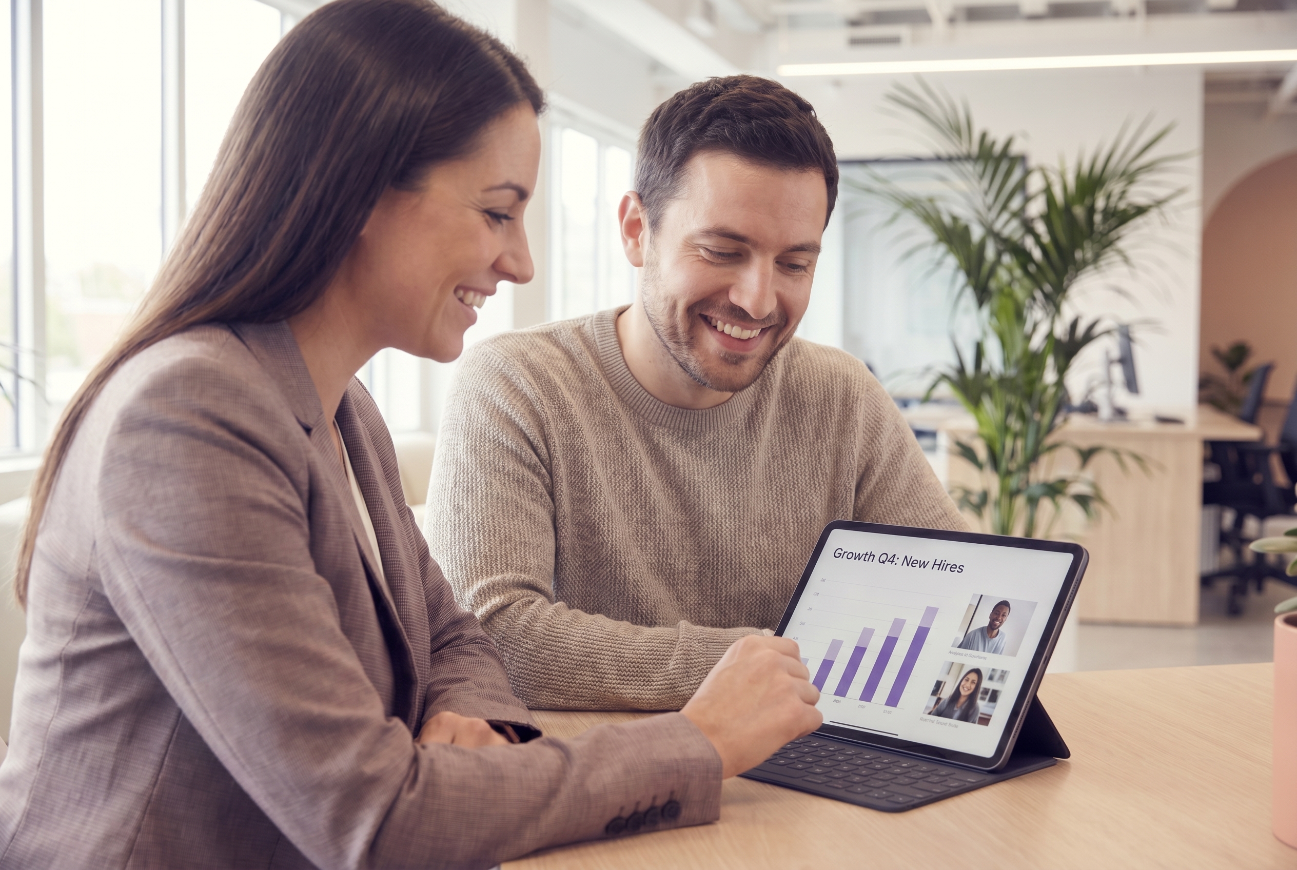 Two hiring leaders reviewing strong hiring results together, pleased with the shortlist.