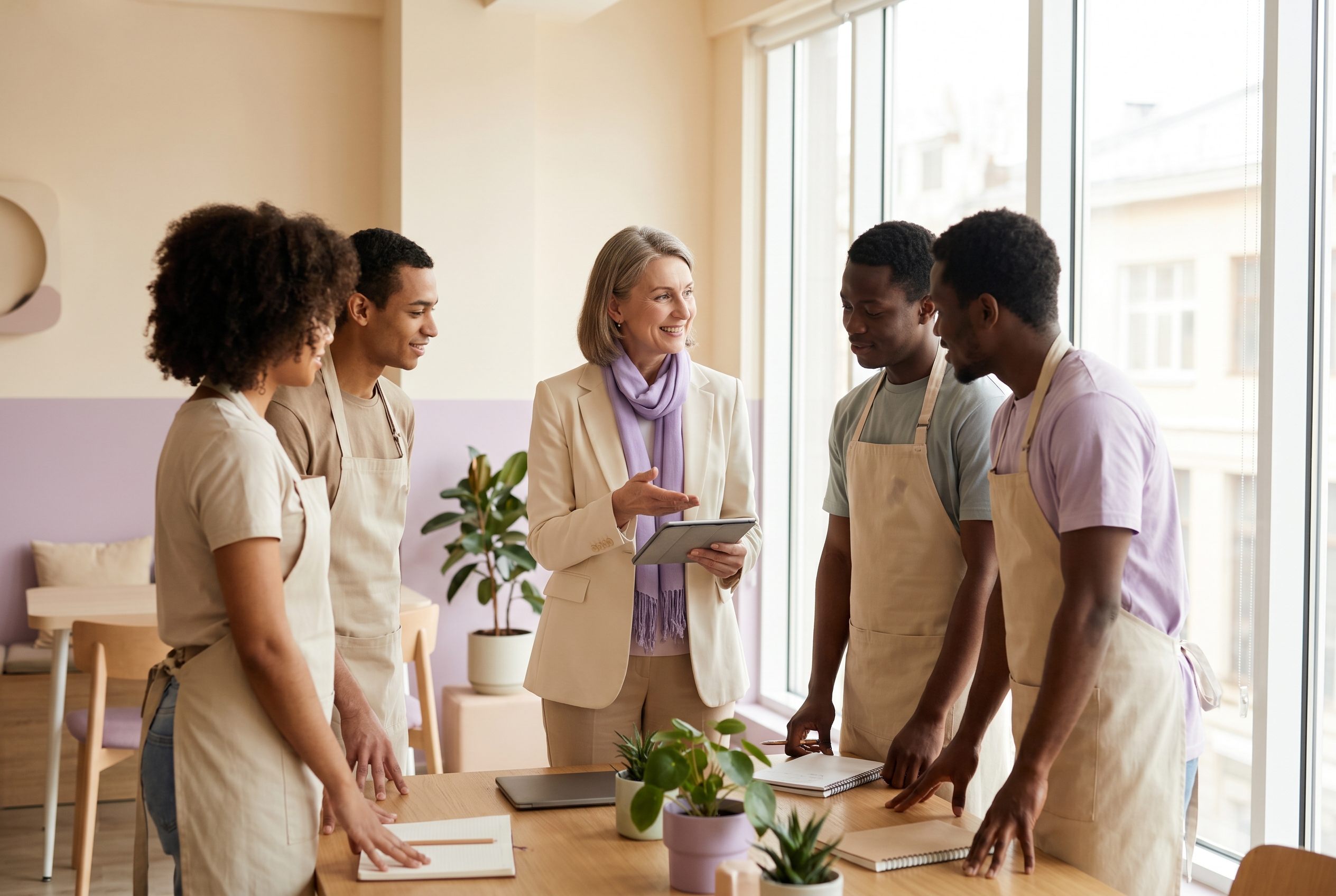 A multi-site operator briefing front-of-house and service staff across locations